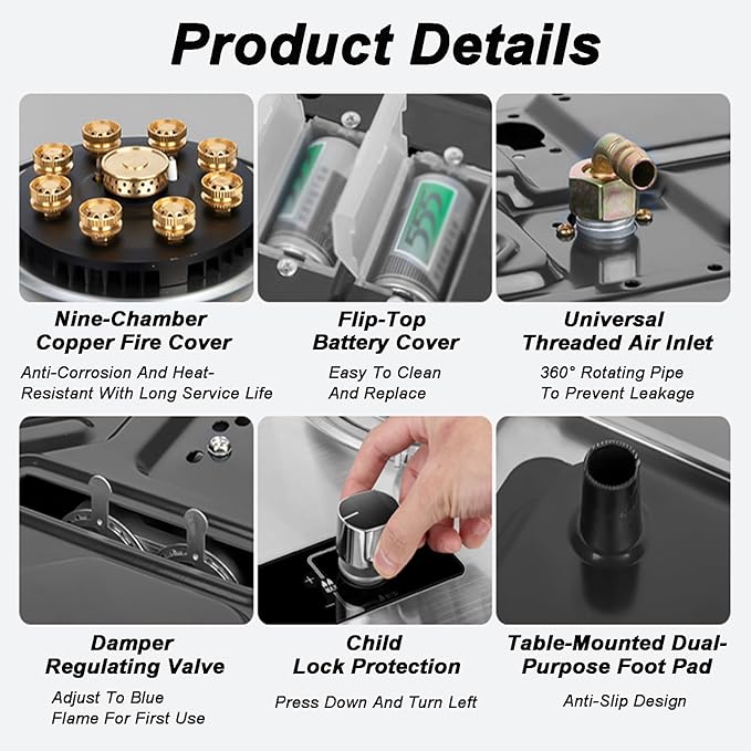 Estufa a Gas 2 Puestos 5.2/8.5 KW, Panel Acero Inoxidable, Protección de Apagado miniatura 6