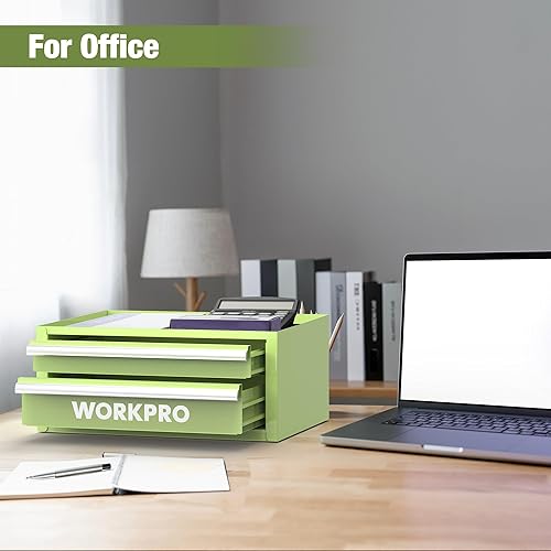 Miniatura 7 de WORKPRO Mini caja de herramientas de 12.5 pulgadas con 2 cajones y 1 almacenamiento superior abierto, pequeño baúl de herramientas de metal con