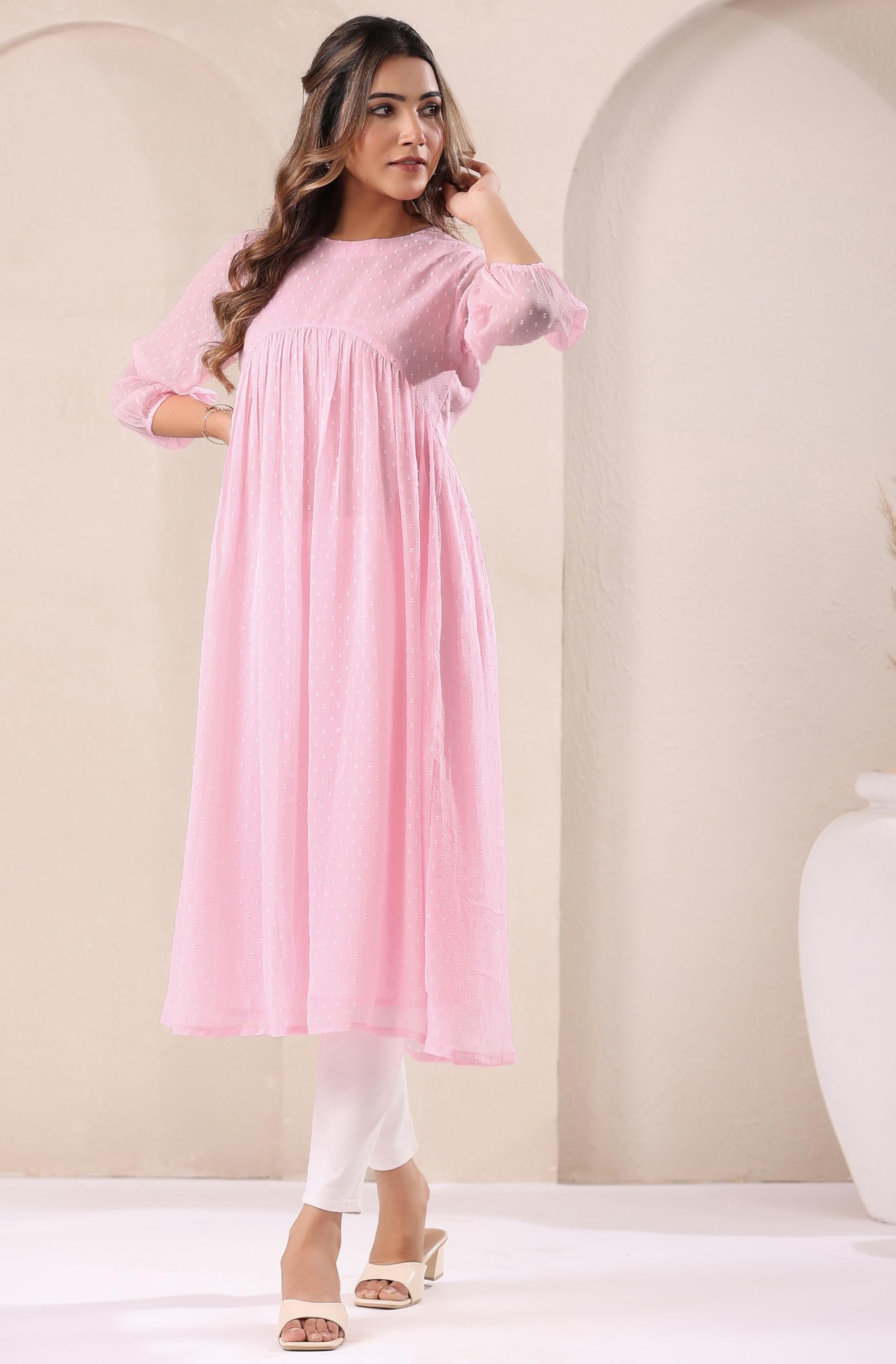 Janasya Women's Baby Pink Dobby Chiffon Self Design A-Line Kurta product image 4