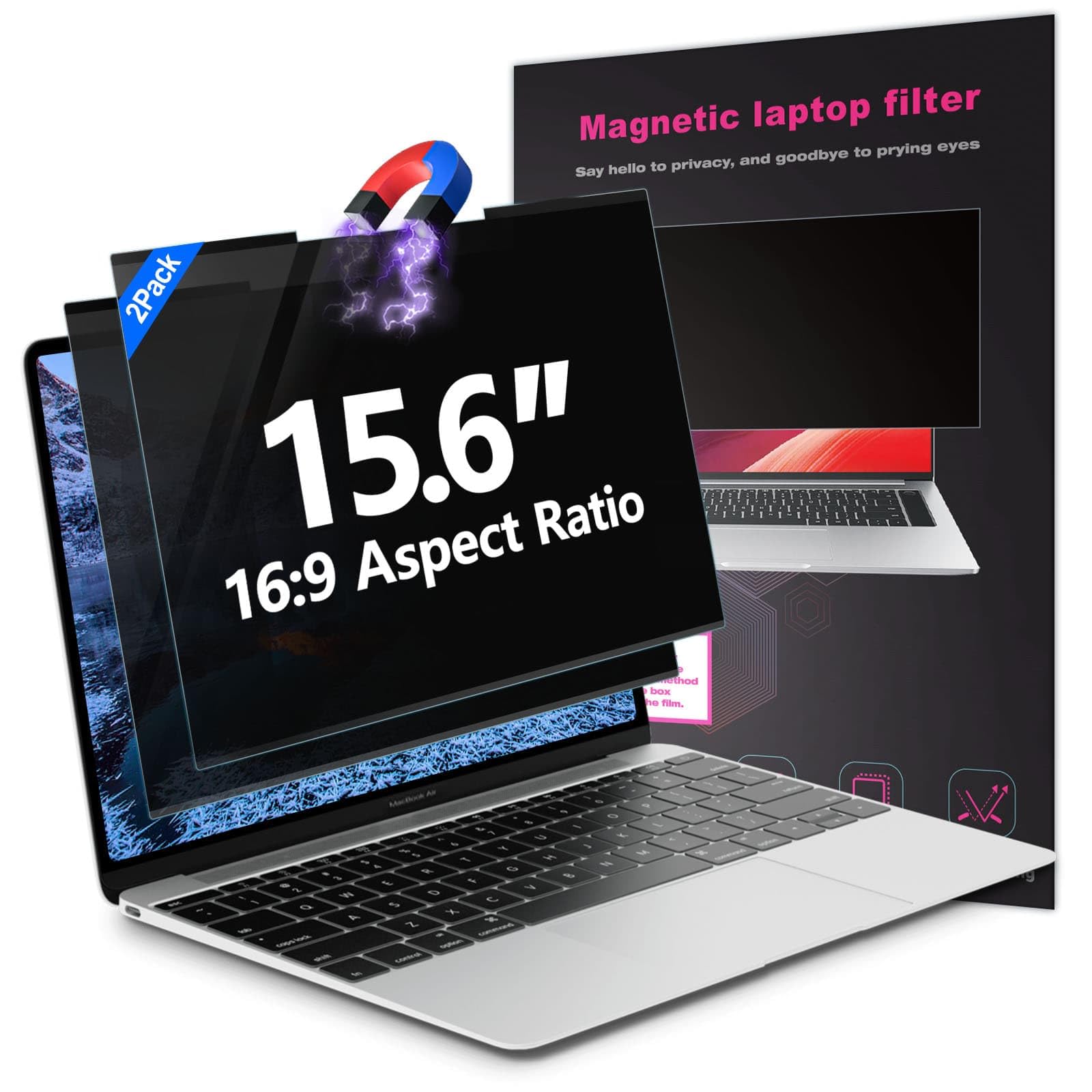 2Pack Magnetic 15.6 Inch Laptop Privacy Screen 16:9 Aspect Ratio, Removable Anti-Blue/Glare Protector Film, Anti Spy Desktop Security Private Filter 15.6in
