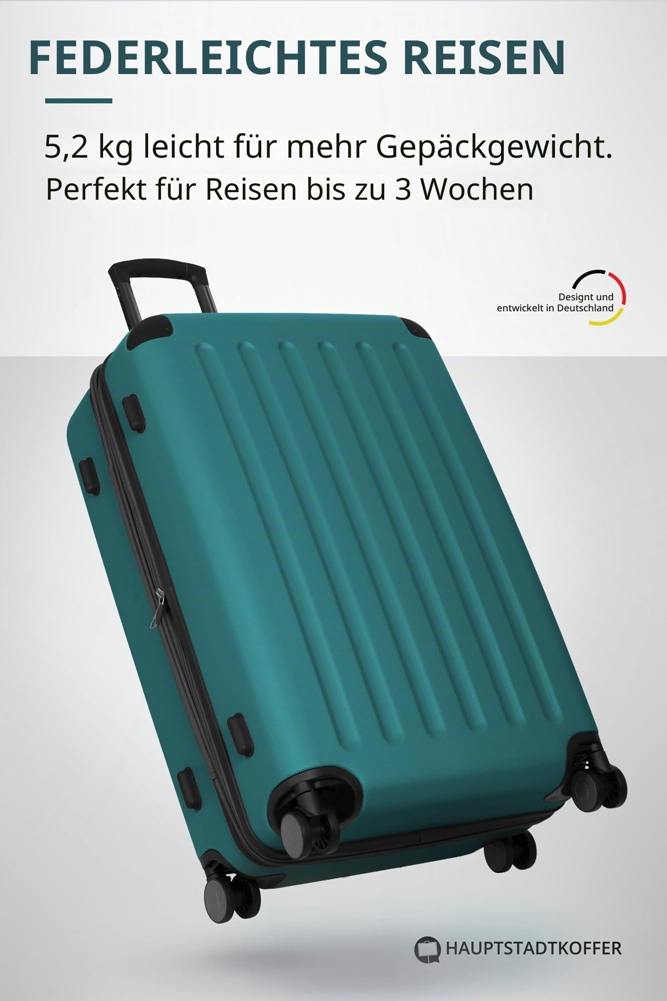 Hauptstadtkoffer Spree - Großer Hartschalen-Koffer + Digitaler Kofferanhänger, TSA, 4 Doppel-Rollen, Trolley, Rollkoffer, Reisekoffer, Volumenerweiterung, 75 cm, 119 Liter, Aquagrün