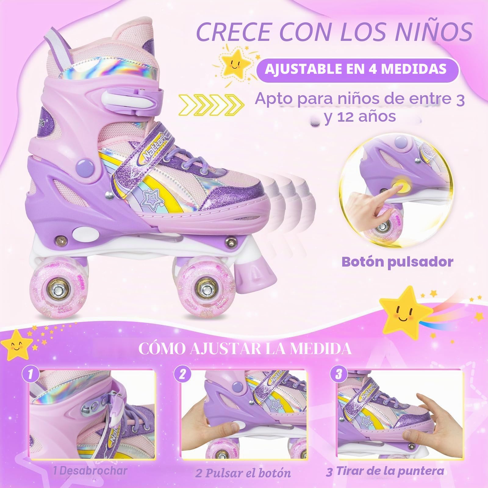Nattork Patines de ruedas para niñas, 4 posiciones, ajustables, arco iris, el mejor regalo de cumpleaños para deportes al aire libre