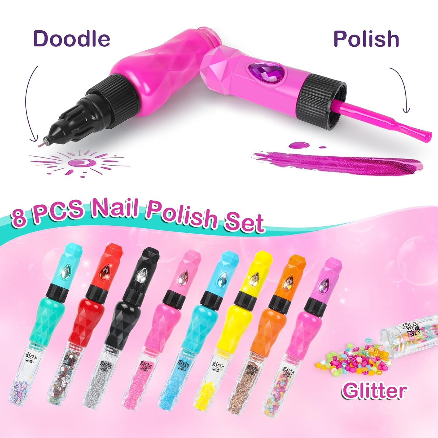 8-Count Nail Art Pen Set for Kids, Non-Toxic Nail Polish & Glitter with Doodle Tip, Nail Art Kit for Girls 7-12, Birthday for 8-12, Toys for 10 Year Olds, Includes Stickers, Gems