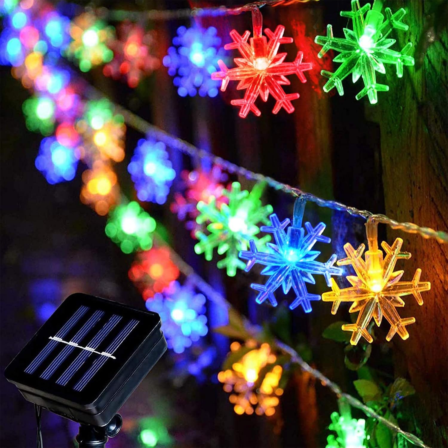Homeleo 30ft 50 LED Solar Christmas Snowflake Lights, Outdoor LED Snowflake Lights, Multi-Color Snowflake Lights String for Xmas Backyard Garden Patio Decorations