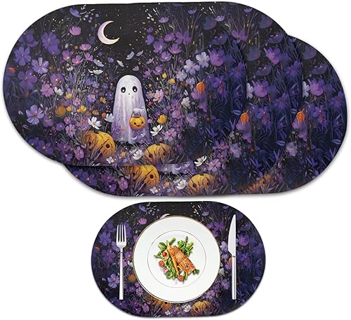 Miniatura 55 de Pumpkin Placemats Set of 4 Ghost Non Slip Washable Heat Resistant Place Mats 12x18 Inch Round Tablemats for Dining Kitchen Party Daily Table Decor