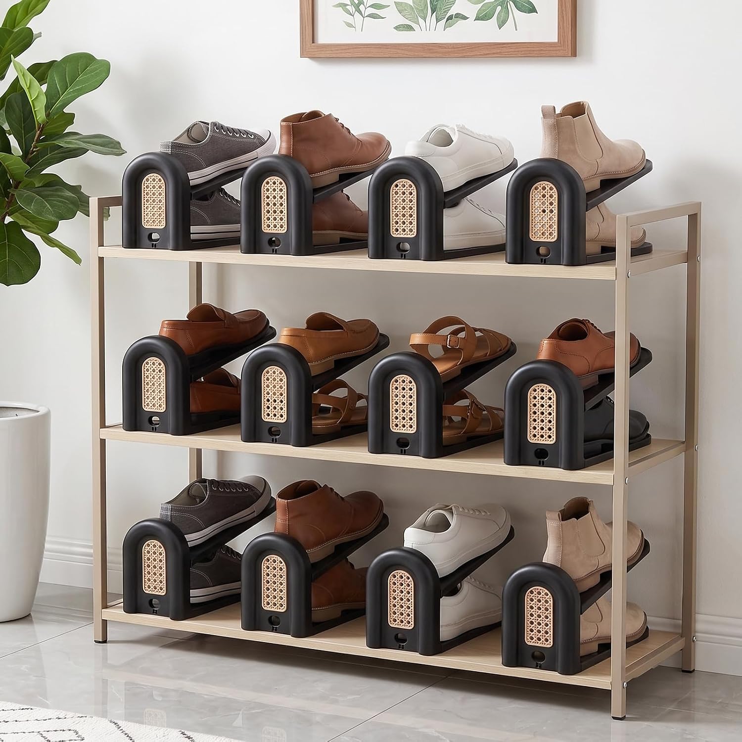 12 Pack Shoe Slots Organizer, Adjustable 2 Levels Shoe Stacker for Closet Storage, Double Layer Shoe Riser Space Saver for Sneakers Flat and Heels, Black Woven Style
