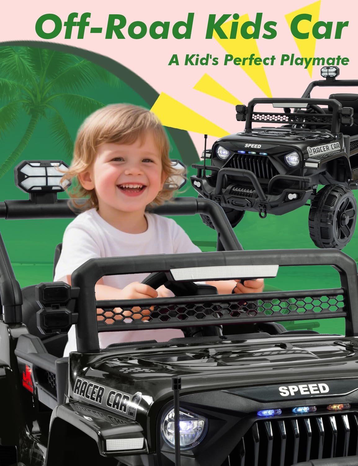 Bluefun 12V Ride On Truck for Kids with Parent Remote, Electric Toddler Car with Suspension, LED Headlights, Bluetooth Music, 3 Speed Modes, Battery Powered Vehicle, Black
