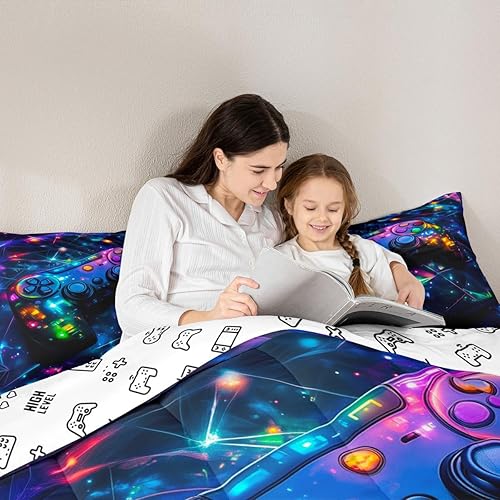 Miniatura 6 de Feelyou - Juego de edredón para niños gamers tamaño individual, juego de ropa de cama de estilo Galaxy Gaming con purpurina, juego de edredón para