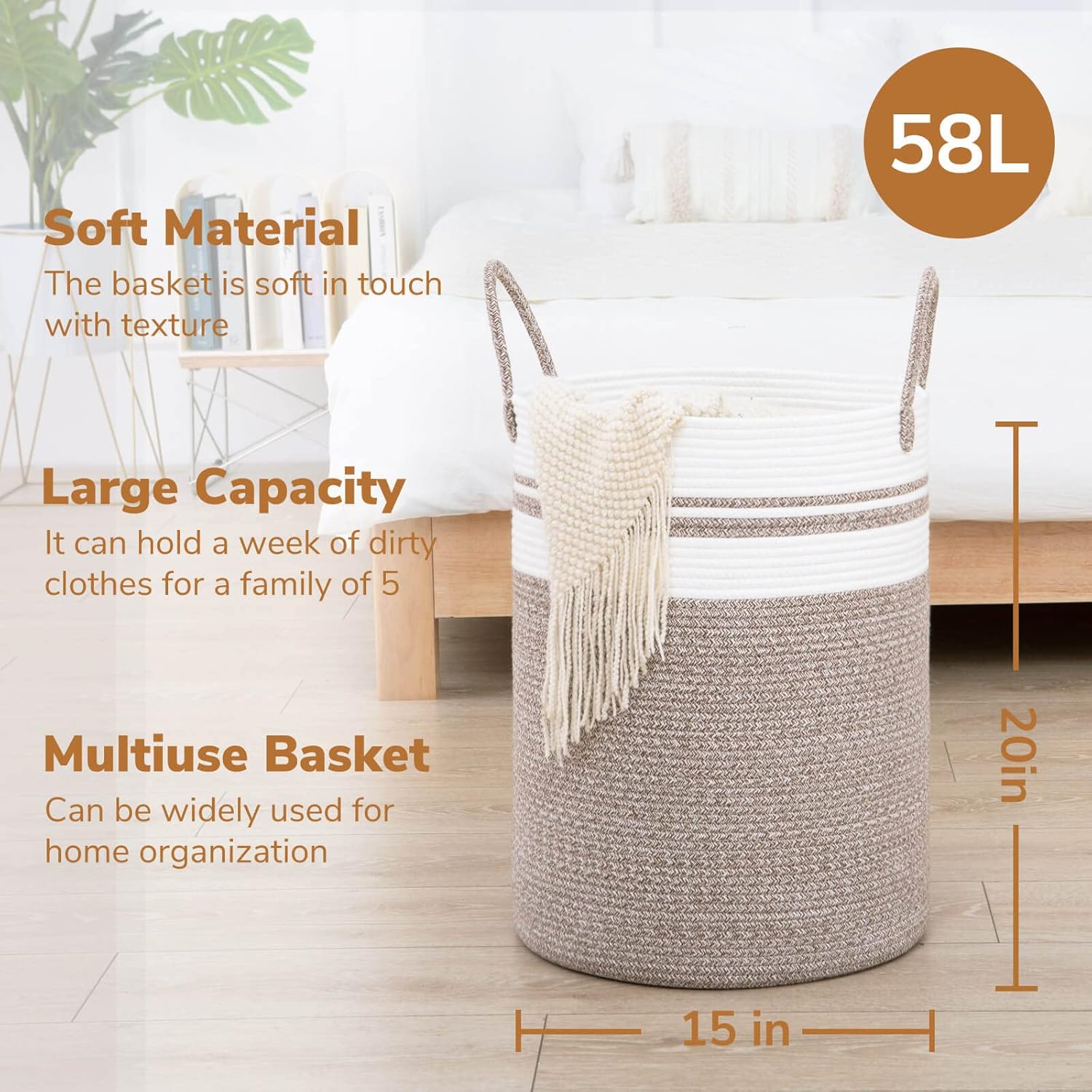 CHICVITA Baby Nursery Laundry Hamper, Tall Woven Rope Laundry Basket with Handle for Clothes, Towels, Toys, Blankets, Jute Basket Decor for Living Room, 15 x 20 inches, 58L : Everything Else