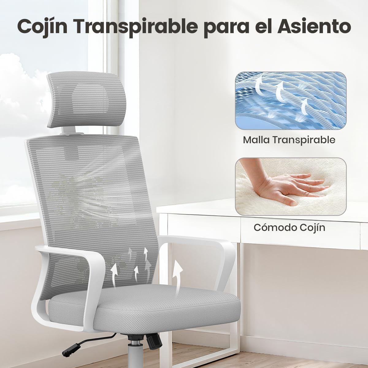 naspaluro Silla de Escritorio Ergonómica, Silla de Oficina con Reposacabezas Ajustable, Malla Transpirable, Silla para Ordenador de Altura Regulable, Silla Giratoria para Oficina en Casa, Gris Claro