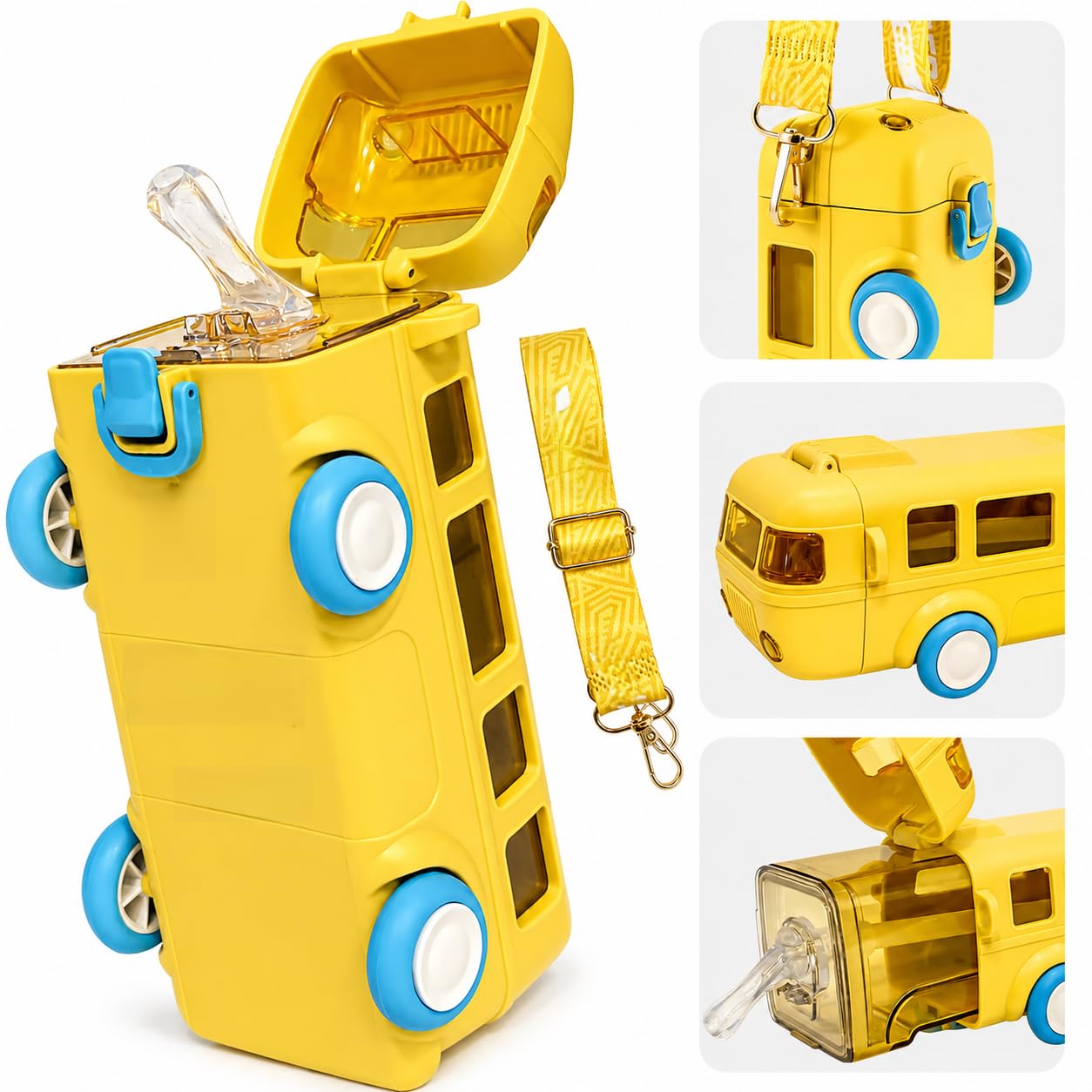 PLUSPOINT Bus Shape Water Bottle for Kids Detachable Straw with Shoulder Strap Leak-Proof Cartoon Water Bottle with Wheels (Color-Blue), Silicone, 500 ML — Amazon image 11