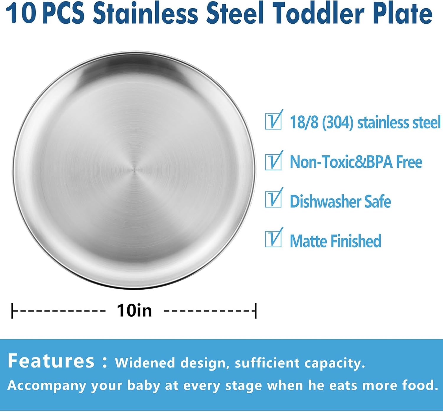HaWare 10-Piece 18/8 Stainless Steel Plates, Metal 304 Dinner Dishes for Kids Toddlers Children, 10 Inches Feeding Serving Camping Plates, Reusable and Dishwasher Safe