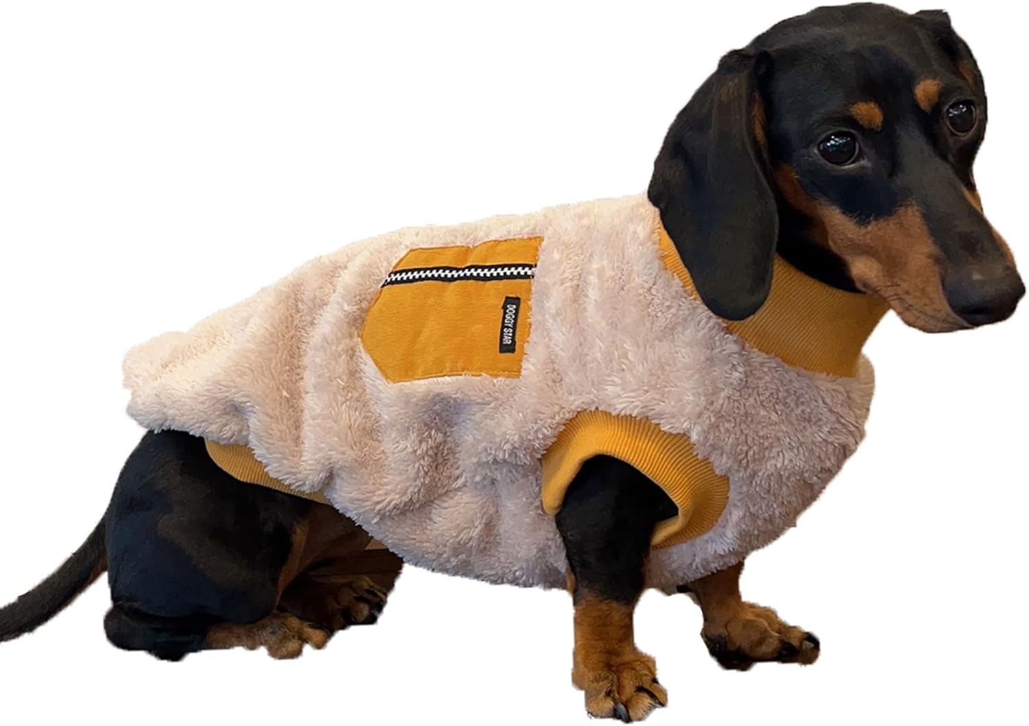 D Doggy Star Dachshund Sweater for Dogs Warm Fleece Clothes Winter Coat (S,Mustard Pocket)