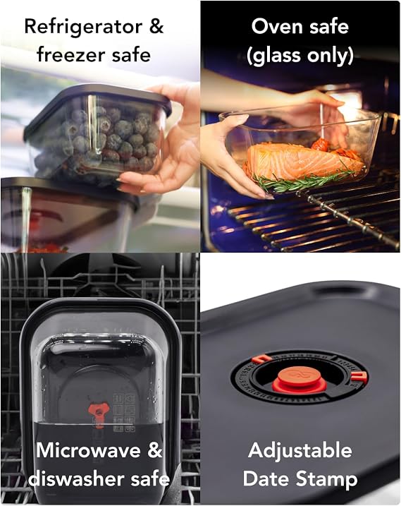 Vacuum Food Storage Container Set and Powerful Electric Vacuum Pump | With 4 borosilicate glass containers; keeps food fresh 5x longer; microwave, freezer & oven safe; BPA-free & stackable