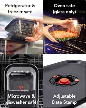 Vacuum Food Storage Container Set and Powerful Electric Vacuum Pump | With 4 borosilicate glass containers; keeps food fresh 5x longer; microwave, freezer & oven safe; BPA-free & stackable