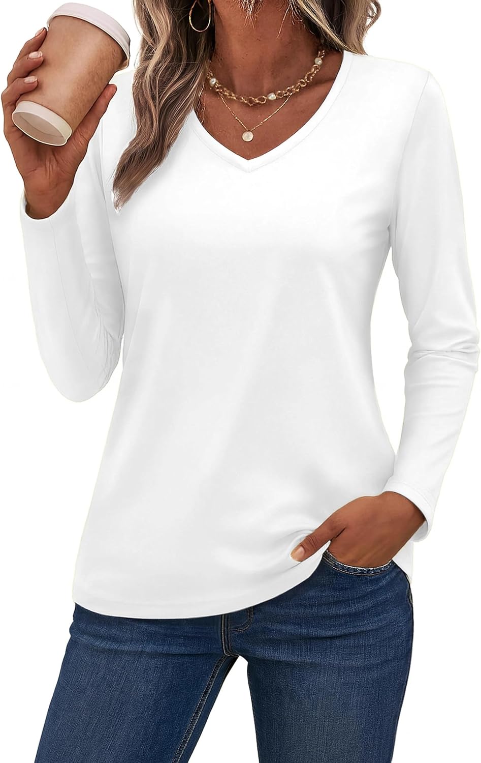 SMENG Womens Long Sleeve Shirts Pure Cotton V Neck T Shirt Basic Tops Casual Soft Tees