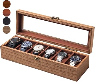 ExperCity Wooden Watch Box 6 Slots - Glass Lid Display Case for Men Women, Retro Burlywood Solid Wood Organizer with Velvet Lining
