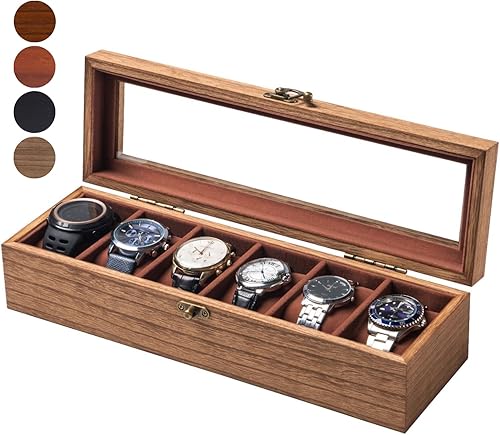 Caja de reloj para hombres y mujeres, tapa de cristal grande, caja de almacenamiento de madera con 6 ranuras, organizador retro Burlywood