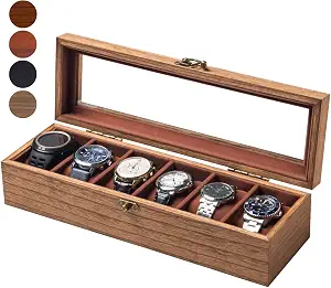 Watch Box for Men and Women - Large Glass Lid, Wooden Display Storage Case With 6 Slots, Retro Burlywood Organizer