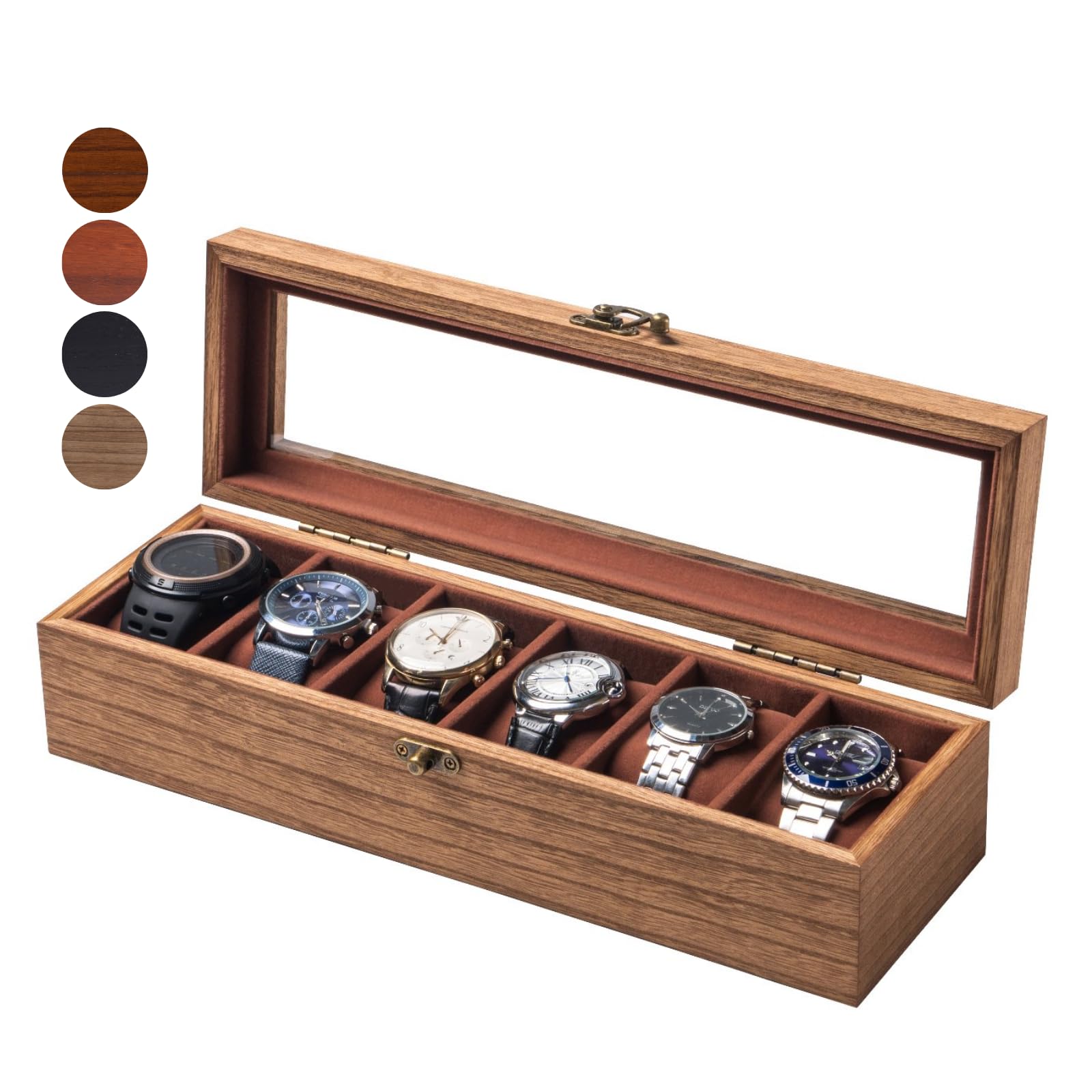 Watch Box for Men and Women - Large Glass Lid, Wooden Display Storage Case With 6 Slots, Retro Burlywood Organizer