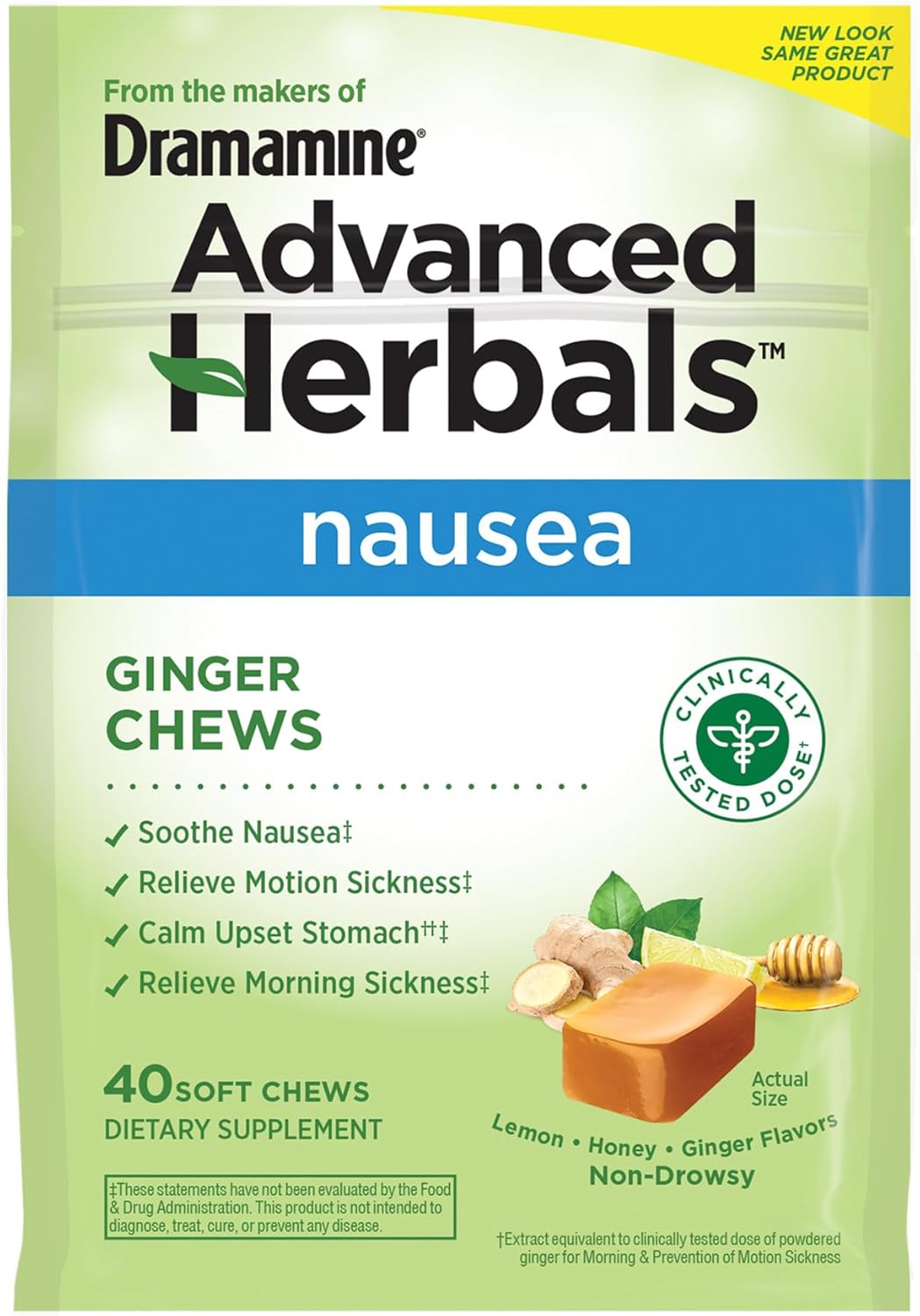 Dramamine Ginger Chews, Relieves Nausea, LemonHoneyGinger Flavor, 40