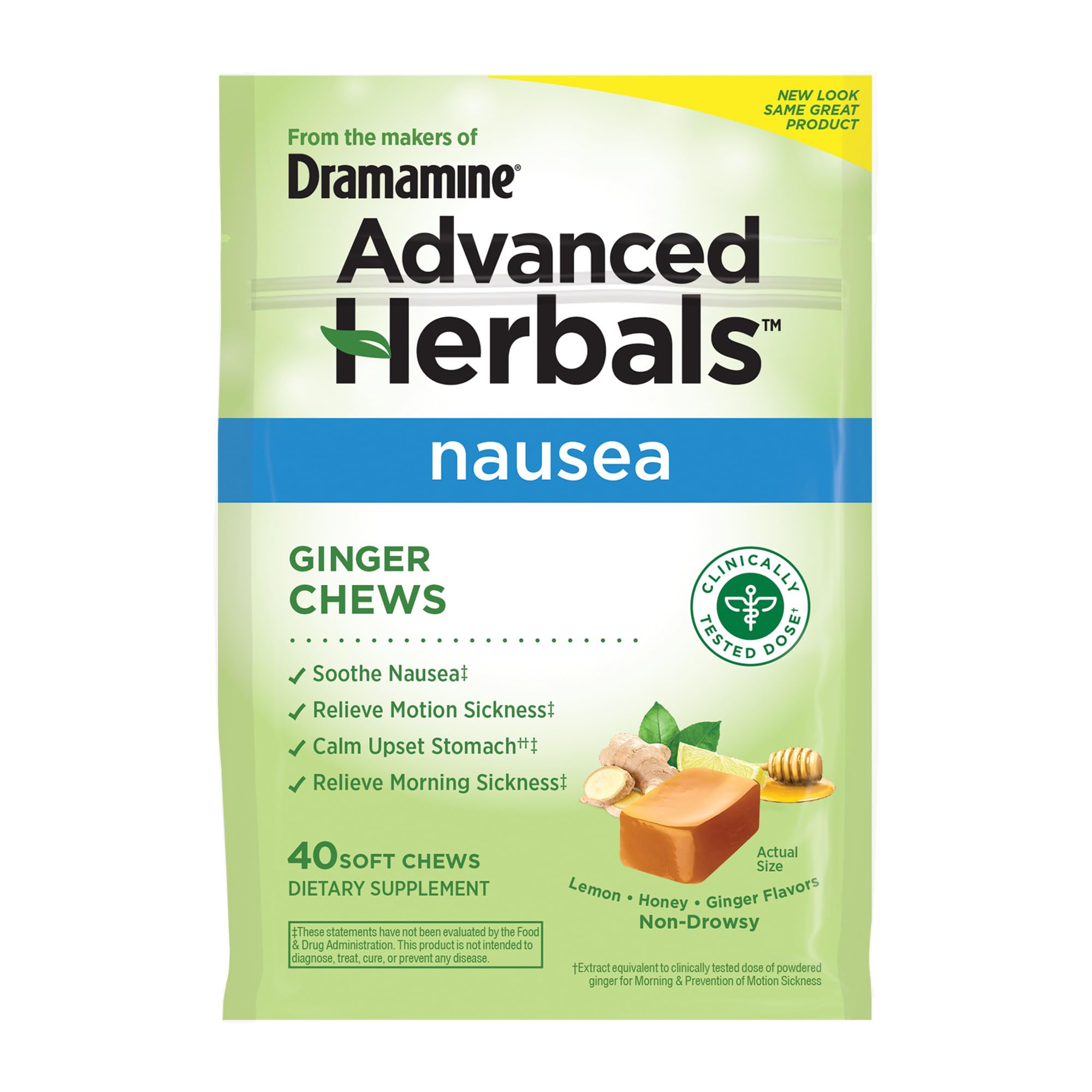 from The Makers of Dramamine, Advanced Herbals, Ginger Chews, Nausea Relief Soft Chews Lemon-Honey-Ginger, 40 Count