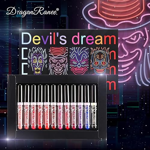 Miniatura 7 de Aseawave Juego de lápiz labial líquido mate y purpurina sexy de 12 colores diseño de calavera con diamantes para Halloween brillante lápiz labial