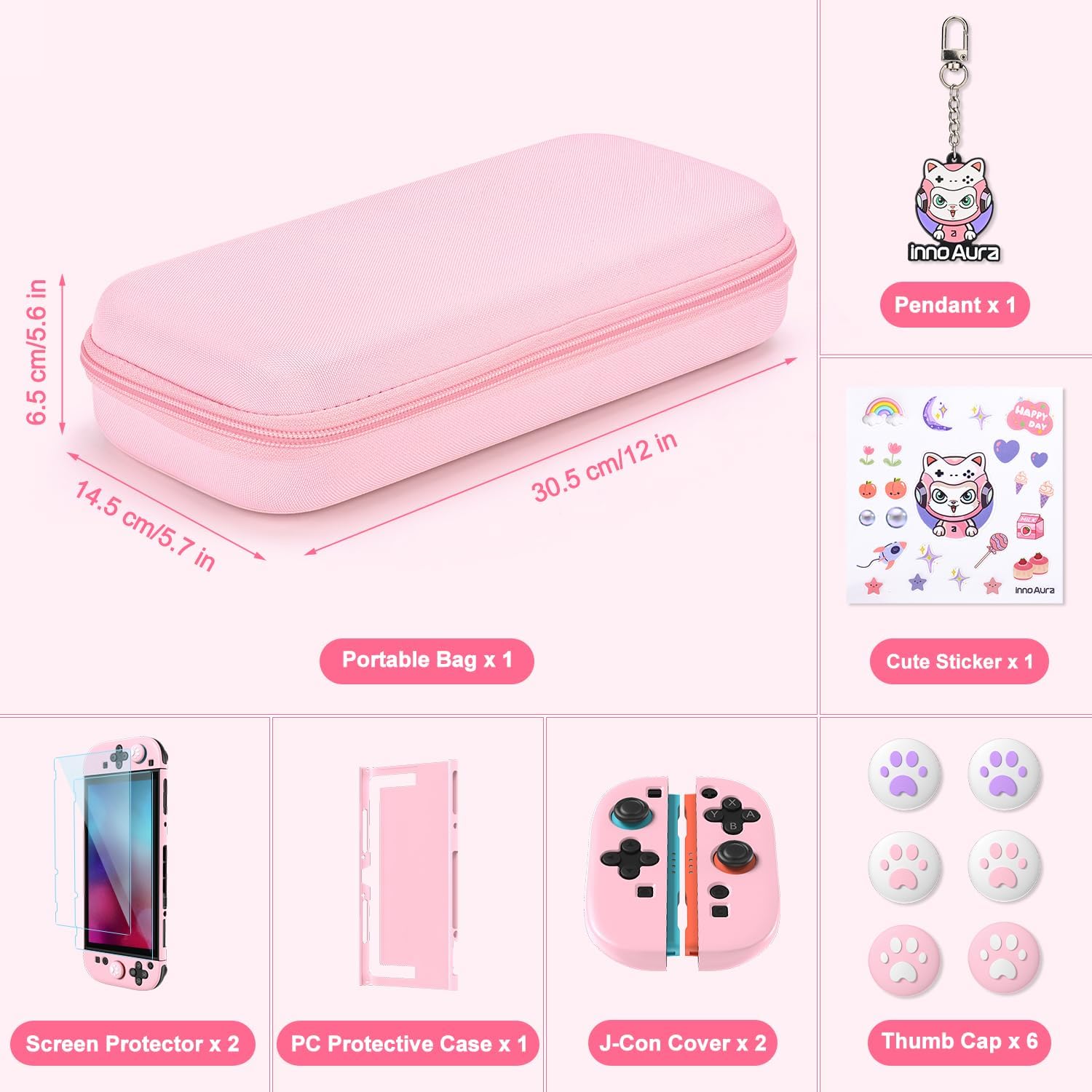 innoAura Switch 2 Case 14-in-1 Bundle for NS Switch 2 (2025), with Carrying Case, Protective Cover, Thumb Grips, Screen Protector, Cute Pendant and Sticker, Pink