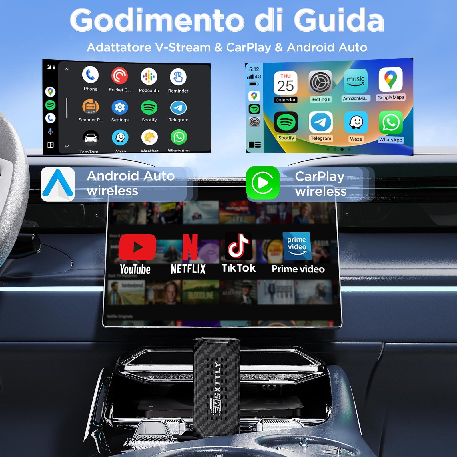 MSXTTLY Mini Adattatore Wireless CarPlay Android Auto 3 in 1, supporta Netflix, YouTube, TikTok e Prime Video, per auto con CarPlay cablato 2017+