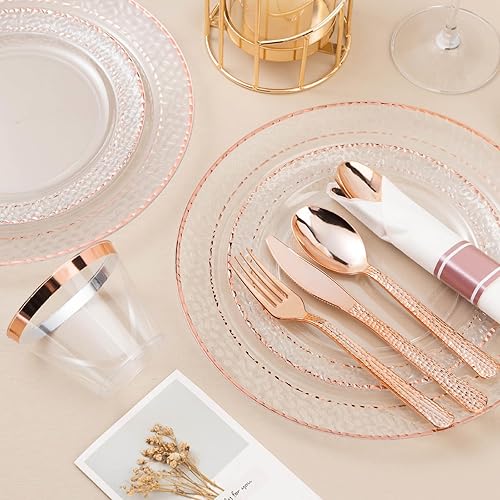 Miniatura 3 de 350 platos de plástico transparente con ribete de oro rosa para 50 invitados, juego de vajilla desechable para fiestas, bodas, incluye 100 platos de