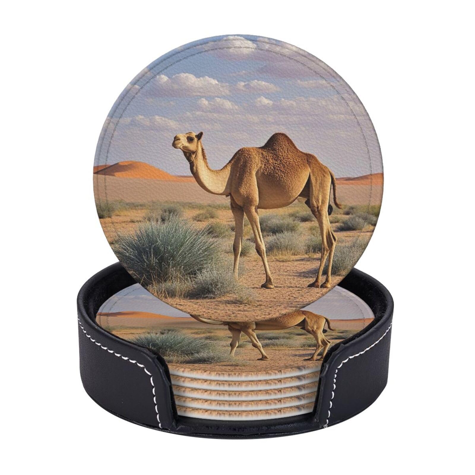 6 Pcs Round Leather Coasters for Drinks Absorbent Non-Slip Drink Coasters with Holder Camels Rest Desert Coasters Waterproof Heat Resistant Cup Mats for Home Kitchen Bar Office Decor