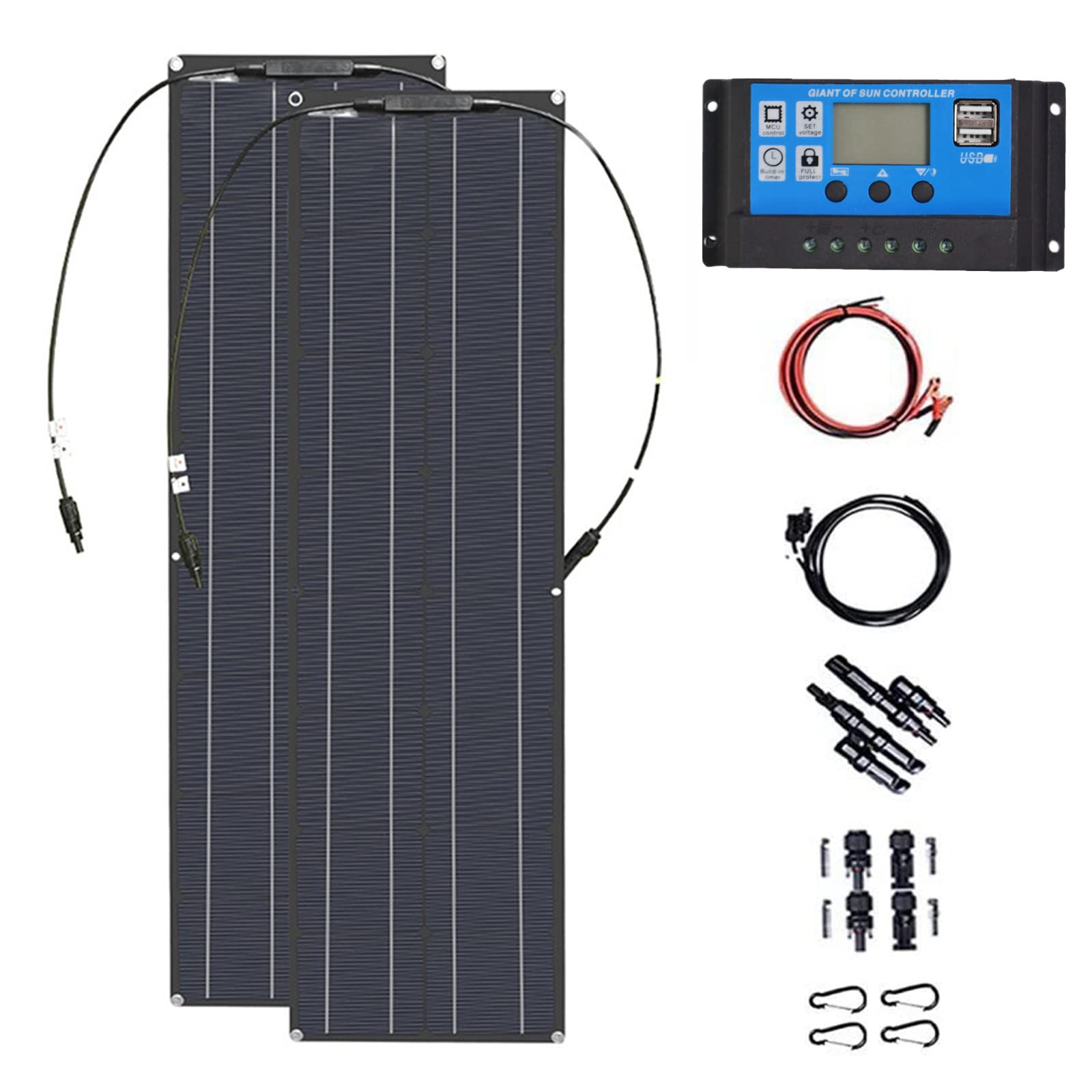 Kit pannello solare, 600 W monocristallino con regolatore di carica da 40 A, clip a coccodrillo e cavi di collegamento per camper, barche, yacht e ricarica della batteria da 12 V