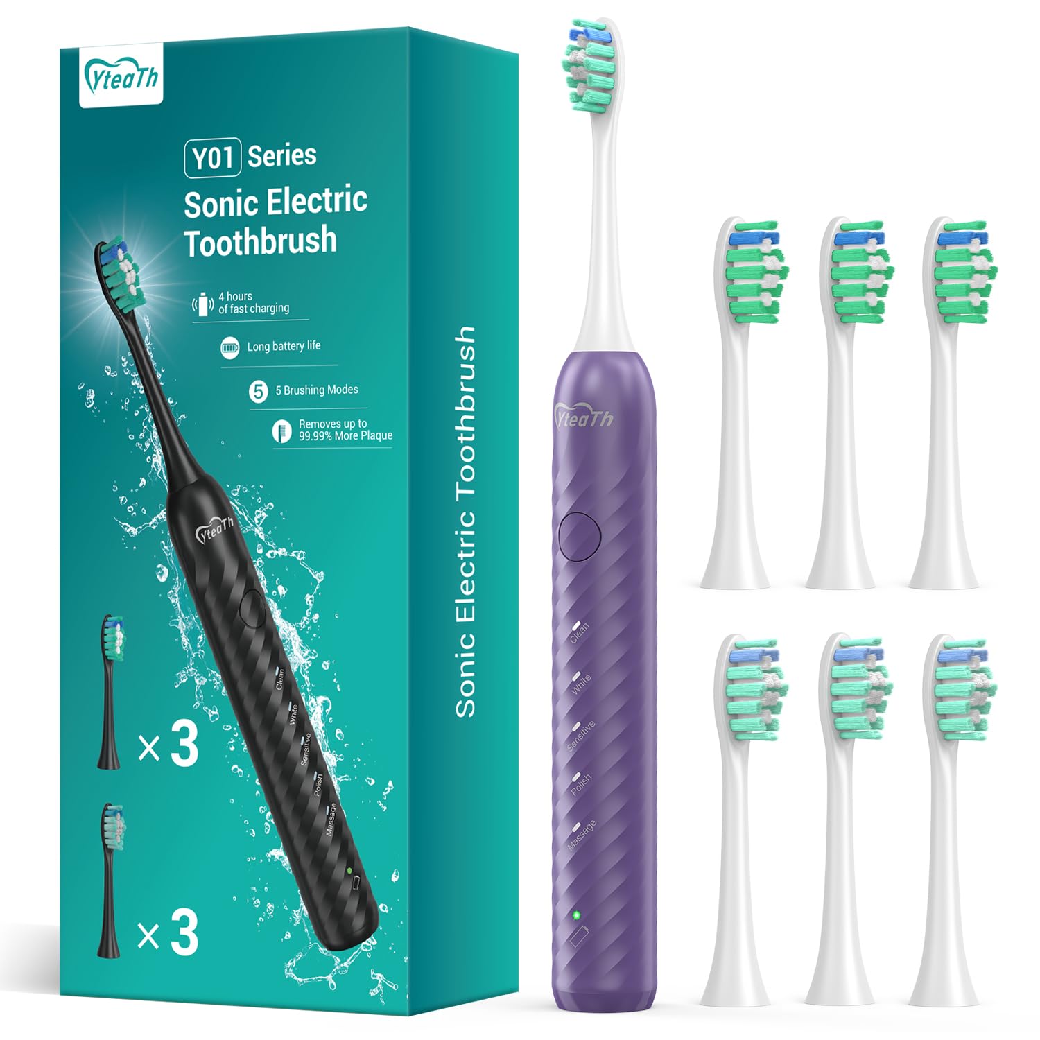 Cepillo de dientes eléctrico para adultos con 6 cabezales de cepillo, cepillo de dientes sónico recargable, batería de larga duración, 4 horas de carga y 180 días de uso, púrpura