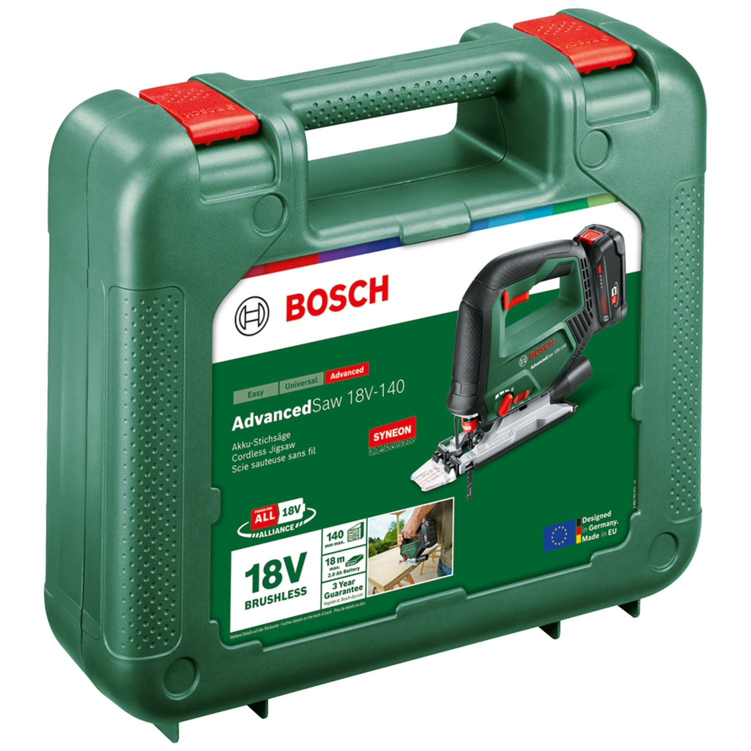 Bosch scie sauteuse sans fil AdvancedSaw 18V-140 (fonction pendulaire ; capacité de coupe dans bois/acier/alu : 140 mm/10 mm/20 mm ; 3 lames de scie ; avec batterie 2,0 Ah et chargeur ; dans coffret)