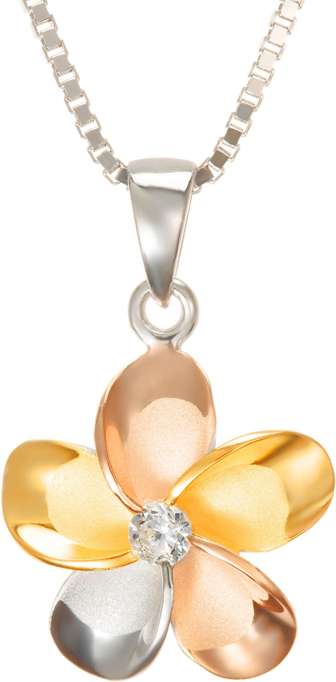 Aloha Jewelry Company14K Gold Plated 925 Sterling Silver Cubic Zirconia Hawaiian Plumeria Flower Necklace Pendant with 18' Box Chain, Nickel Free Hypoallergenic for Sensitive Skin, Gift Box Included