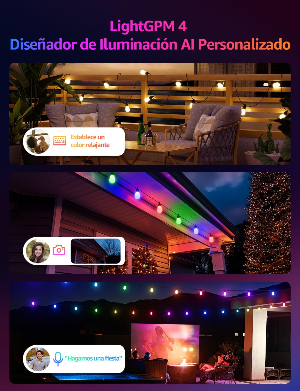 Lepro ZB1 AI Guirnalda de Luces Inteligente 15M, Impermeable IP65 | Diseñador de Iluminación AI Personalizado Usar con Alexa, RGBW Regulable Decoración de Jardín Balcón, No Remoto