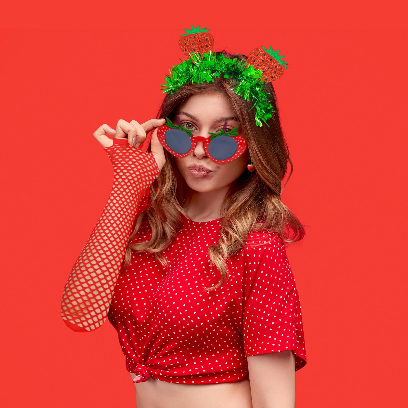 UILYNIU 4 Pcs Strawberry Costume Set, Strawberry Headband, Strawberry Sunglasses, Red Gloves, Strawberry Earrings - Image 4