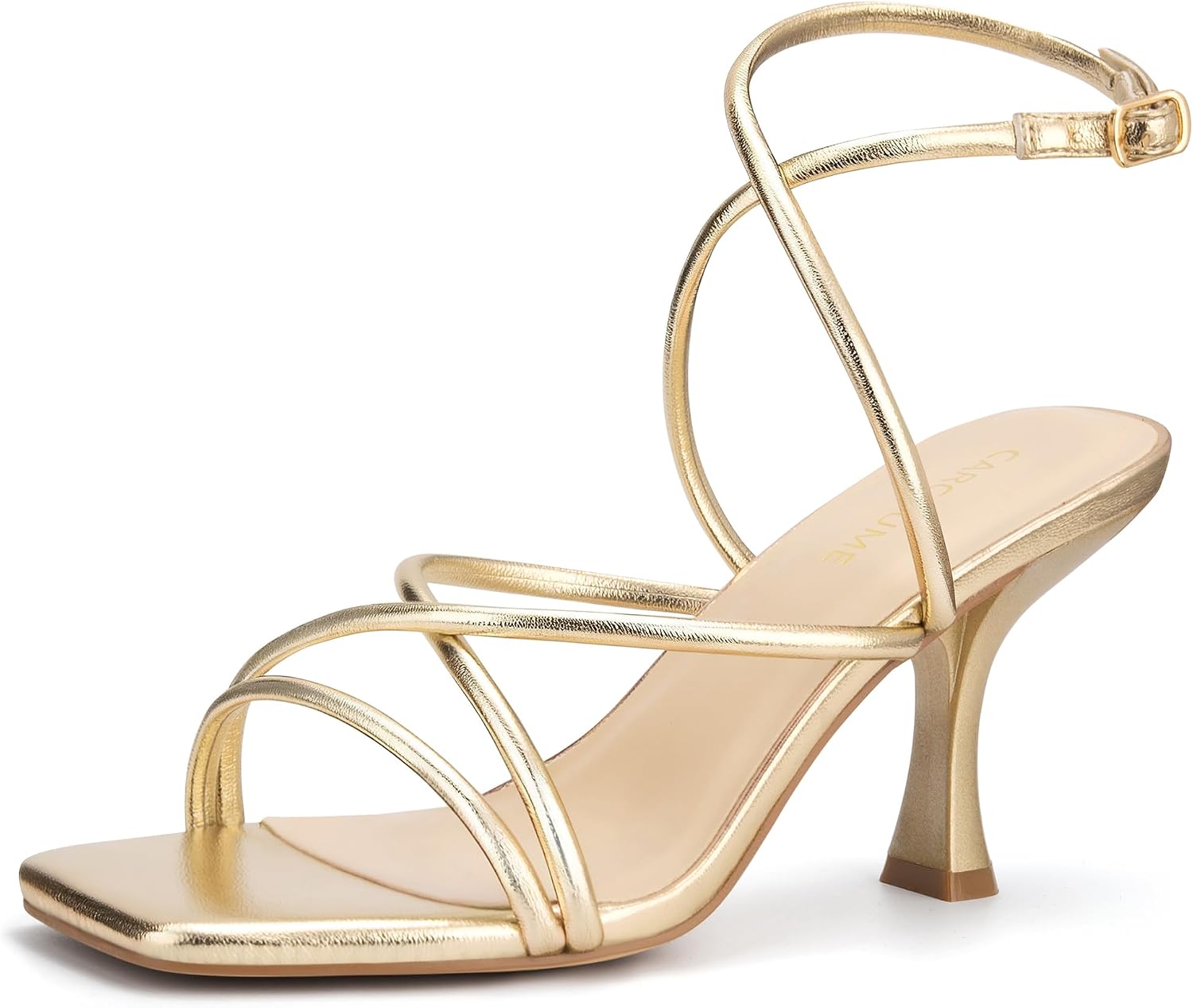 Carcuume Women's Square Toe Strappy Lace Up Heeled Sandals Ankle Buckle Kitten Heel