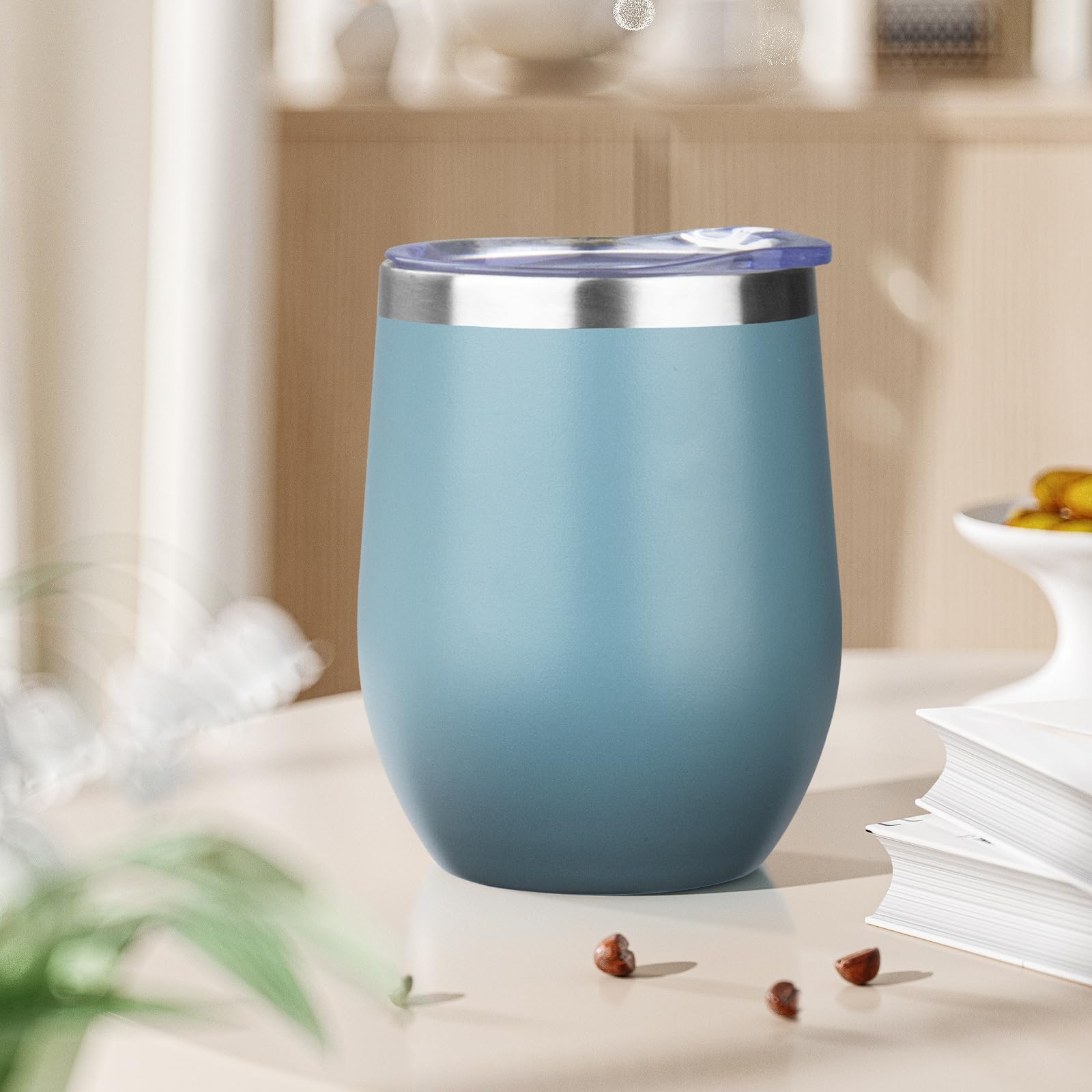Weinglas ohne Stiel mit Deckel, doppelwandig, isoliert, Edelstahlgläser, Becher mit Strohhalm, isoliert, Cocktailbecher, Kaffeetasse für heiße und kalte Getränke, 340 ml, gemischt, 10 Stück