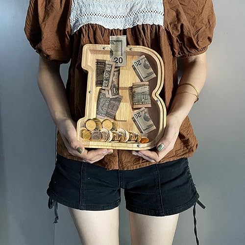 Miniatura 27 de Alcancía grande para niños y niñas, alcancía de madera personalizada con diseño recortado, bancos de monedas de letras del alfabeto, caja de ahorro