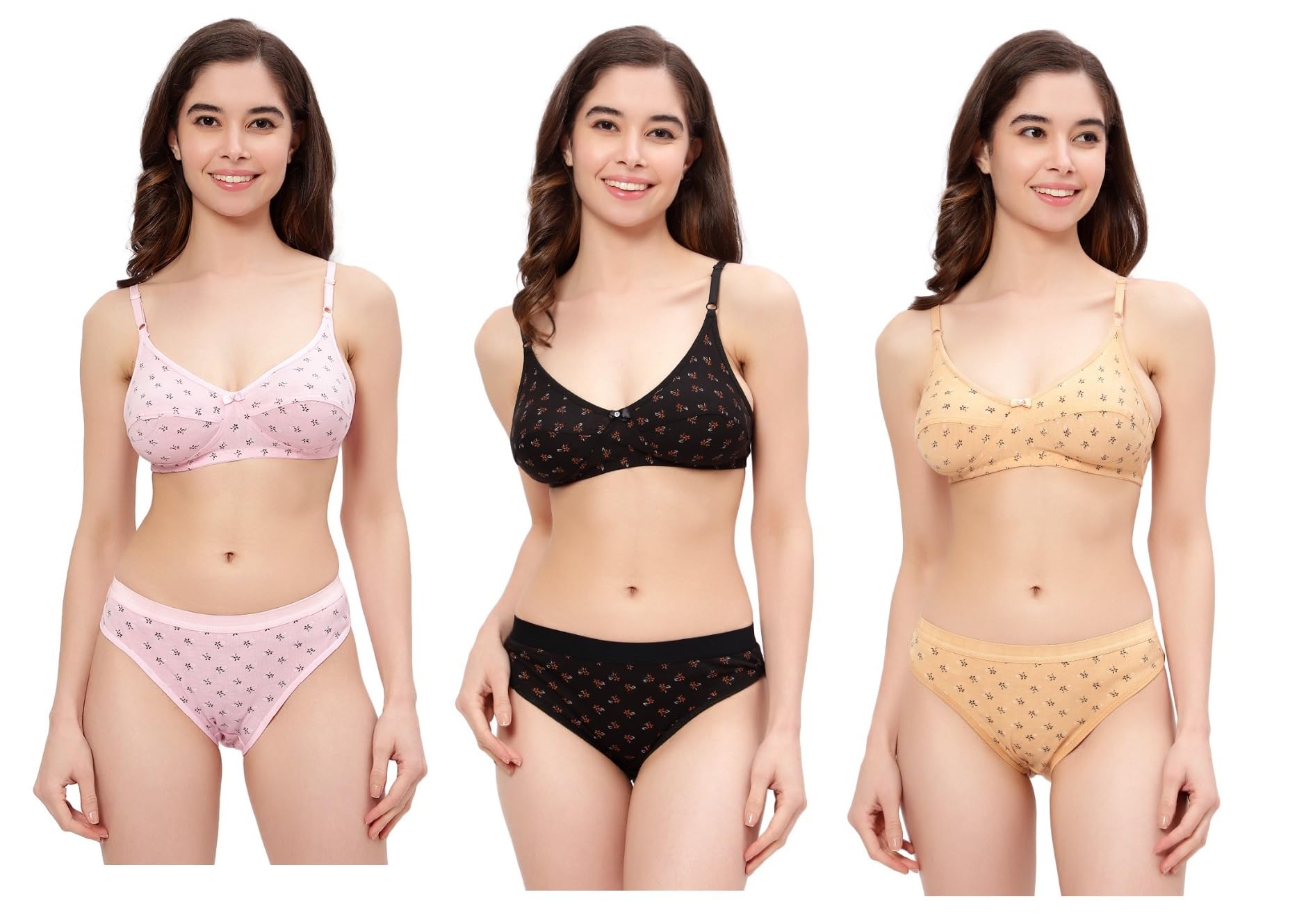 GenericWoman Lingerie Set Full with Coverage Non-Padded Women Cotton Printed Bra Panty Set Sexy Bra Panty Set Women Innerwear Pack of 3 Sets
