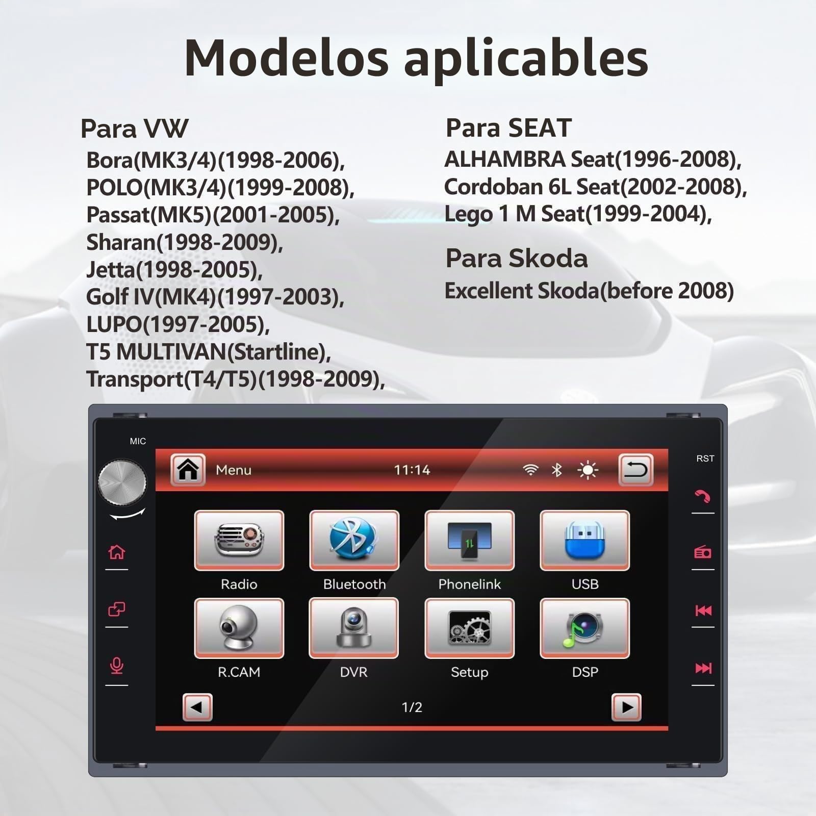 Radio de Coche Compatible con inalámbrico Carplay/Android Auto para VW Fox Polo Passat Golf lbiza 6L Jetta MK3 MK4 Sharan T5 MULTIVAN Transport Seat Skoda con IPS Pantalla Táctil/Bluetooth/FM/Am/USB