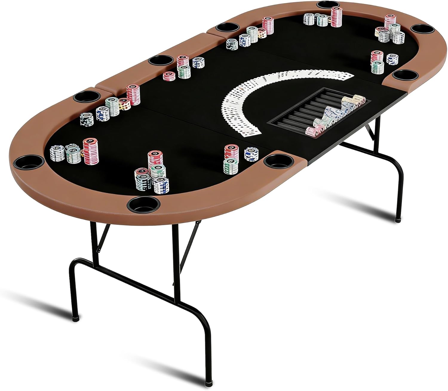 Oval Poker Table with Collapsible Legs, Casino Leisure Gamimg Table for 10 Players, Texas Holdem Blackjack Poker Table with Stainless Steel Cup Holder