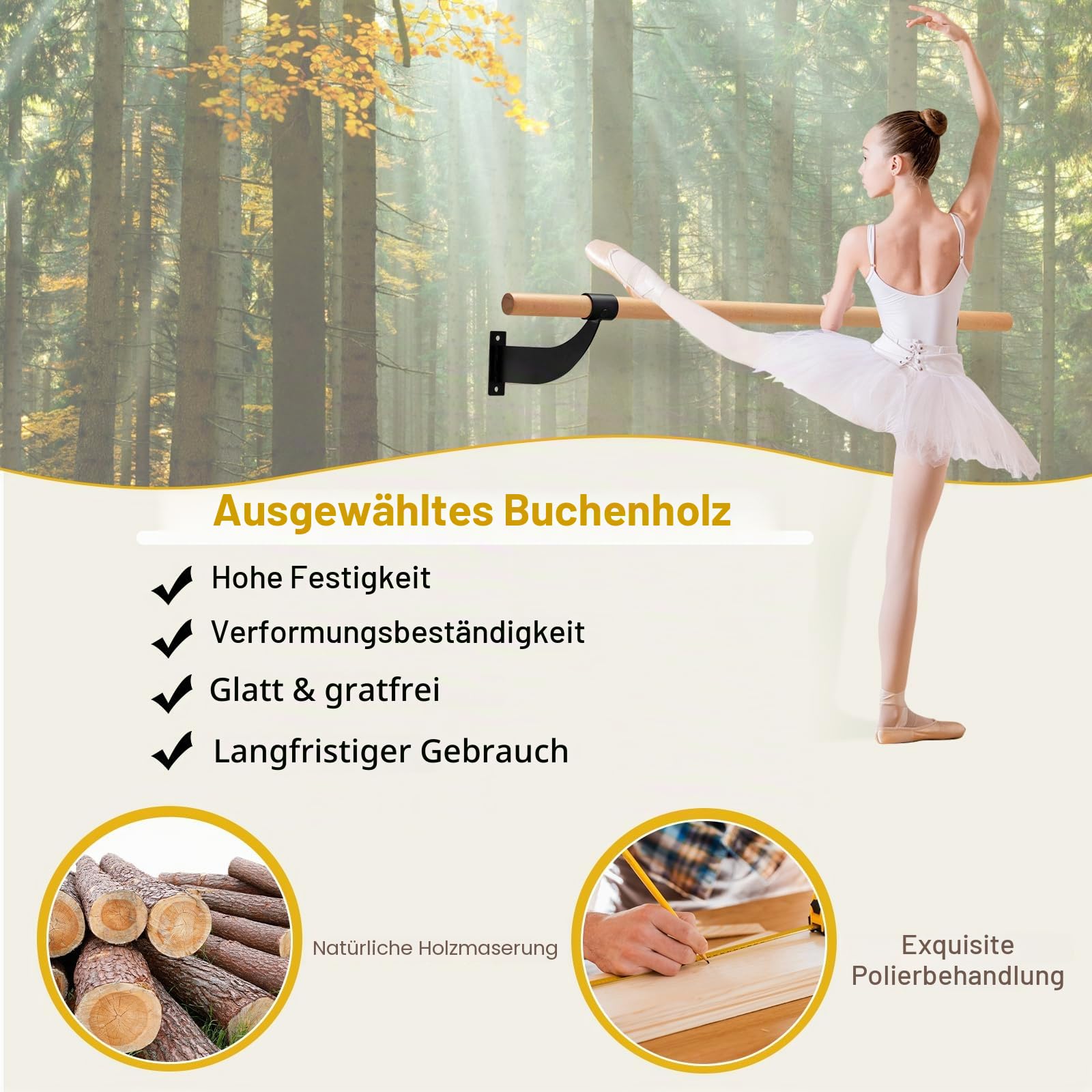 KOMFOTTEU Ballettstange 120cm Wandmontage, Ballett Tanzstange Ø 38 mm aus Buchenholz, Ballettstangenhalter Übungsstange für Yoga Stretching Fitnessstudio