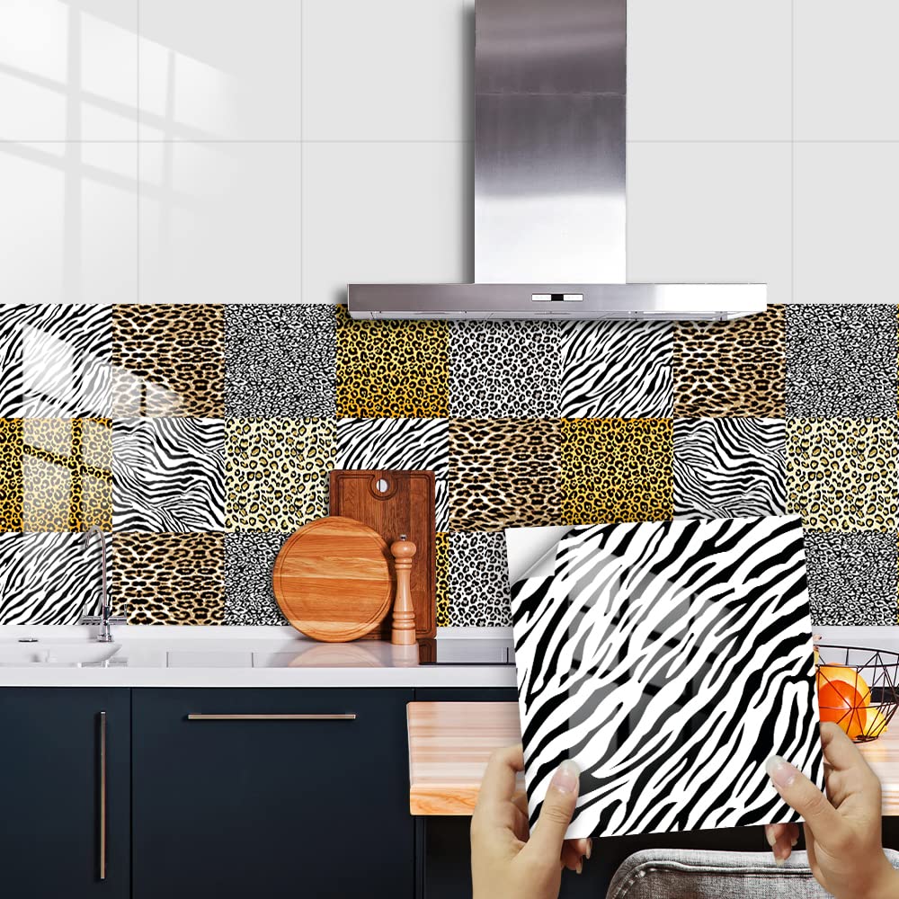 LMYSXAOZ Tile Stickers Multi Colored Leopard Print Stick On Tiles,Self Adhesive Wall Tiles for Kitchen Bathroom,Vinyl Peel and Tiles,Stick Waterproof Oilproof 10 PC(15x15cm)
