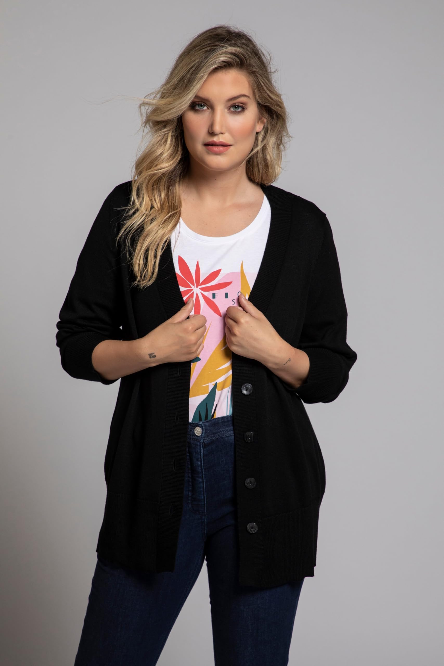 Ulla Popken Cardigan in Maglia fine con Scollatura a V e abbottonatura 791605