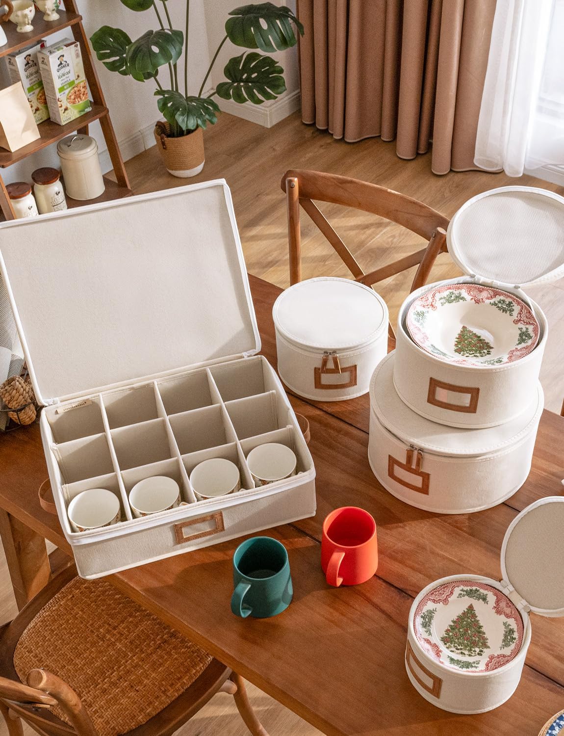 storageworks china storage containers, hard shell china storage boxes for dishes, plates and mugs, stemware storage cases, holds up to 12 place setting, foldable and stackable organizer, 5 pack, beige beige 5-piece storage container set