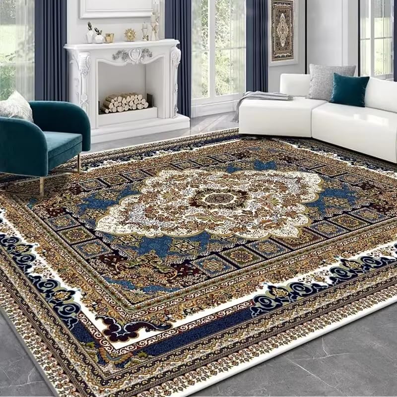 Tapis de salon ethnique bleu lavable pour une décoration cosy