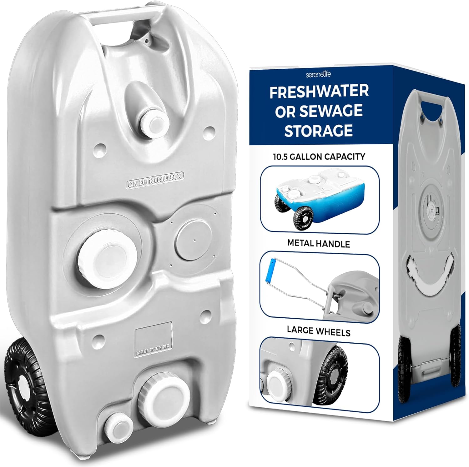 SereneLife 10 Gallon / 40L RV Water Tank – Camper Accessories Portable Container with Level Indicator, Rotating Spout, Metal Handle & Heavy-Duty Wheels, Suitable for Freshwater or Sewage Storage