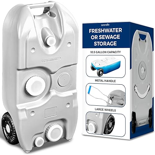 SereneLife 10 Gallon / 40L RV Water Tank – Camper Accessories Portable Container with Level Indicator, Rotating Spout, Metal Handle & Heavy-Duty Wheels, Suitable for Freshwater or Sewage Storage